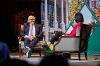 Carl Bernstein sits on stage with Alison Lebovitz for the School of Journalism and Communications' inaugural R. Lynn Sauls Endowed Lecture Series.