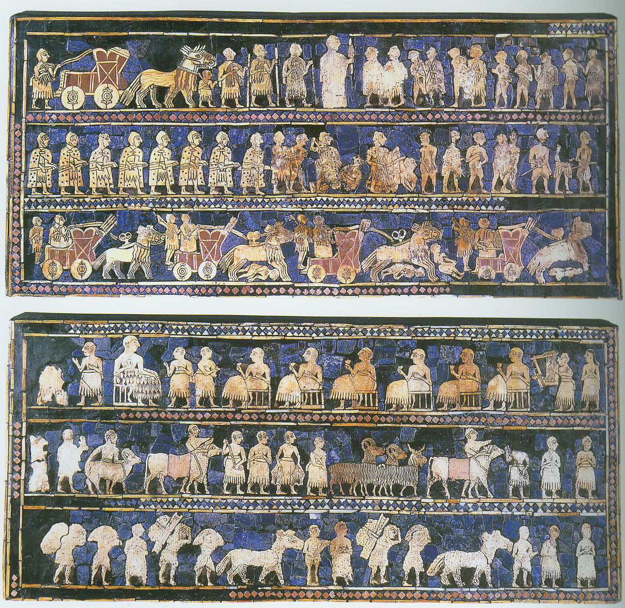 A wall relief depicting various ancient peoples engaging in both wartime and domestic activities.