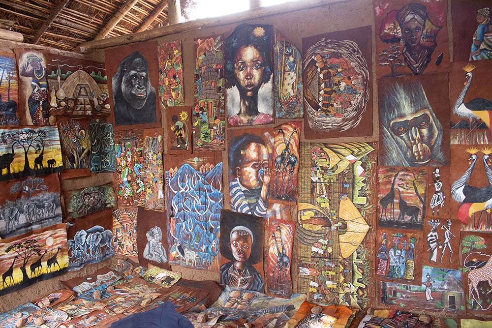 Local art pieces are displayed in the capital city of Kampala, Uganda.