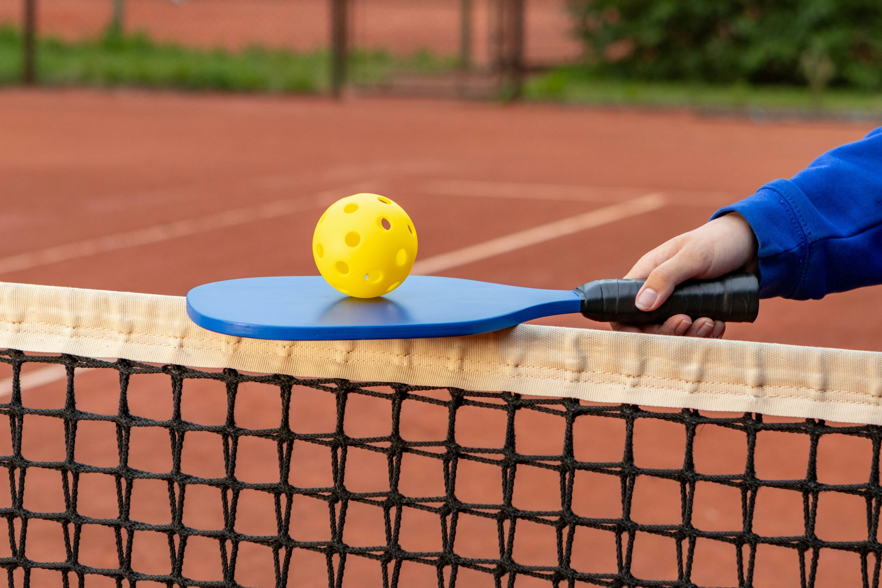 pickleball racquet and ball on a court
