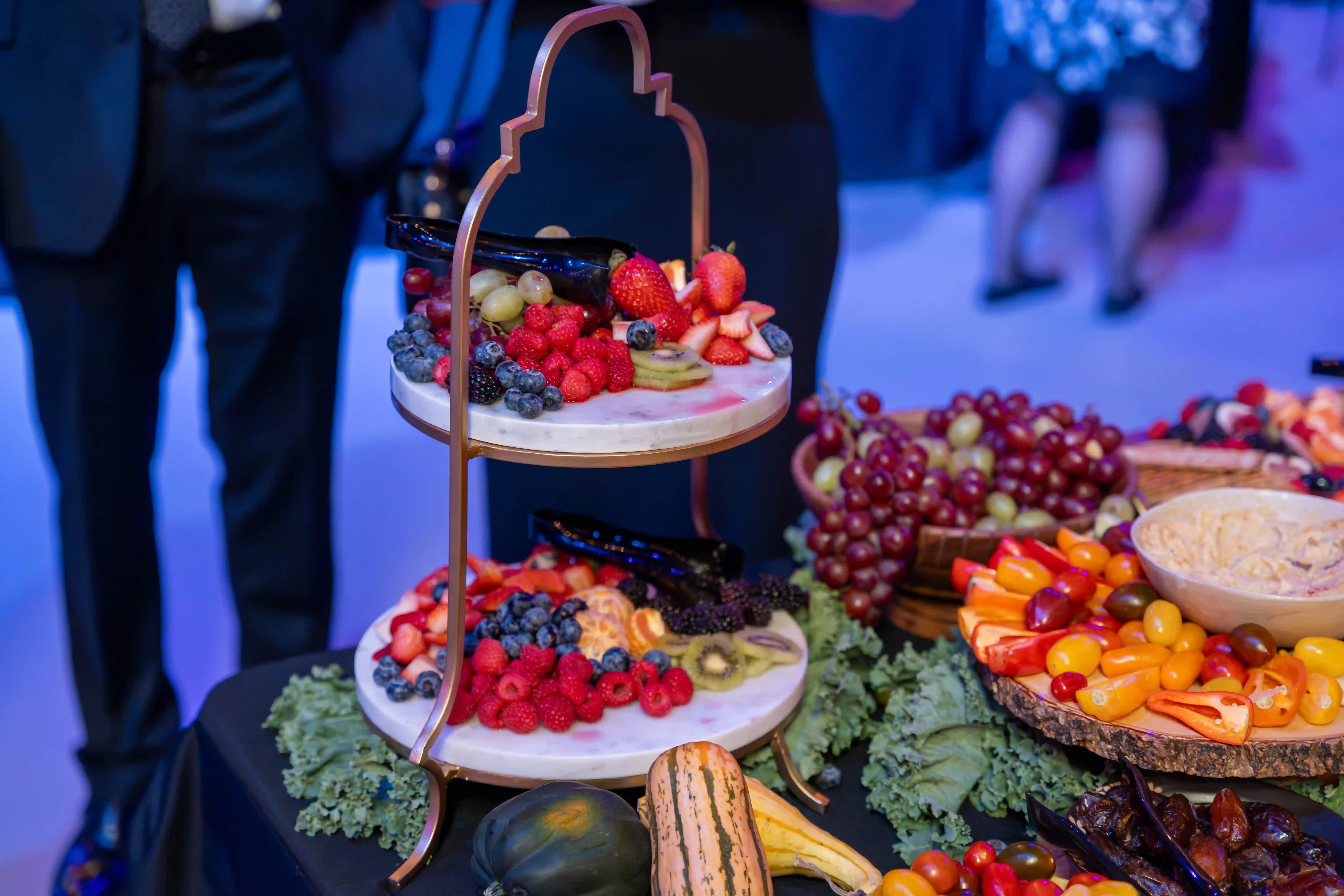 Close up shot of fruit and vegetables spread out on a table